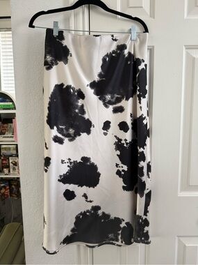 Renee C. Black and White Cow Print Satin Midi Skirt